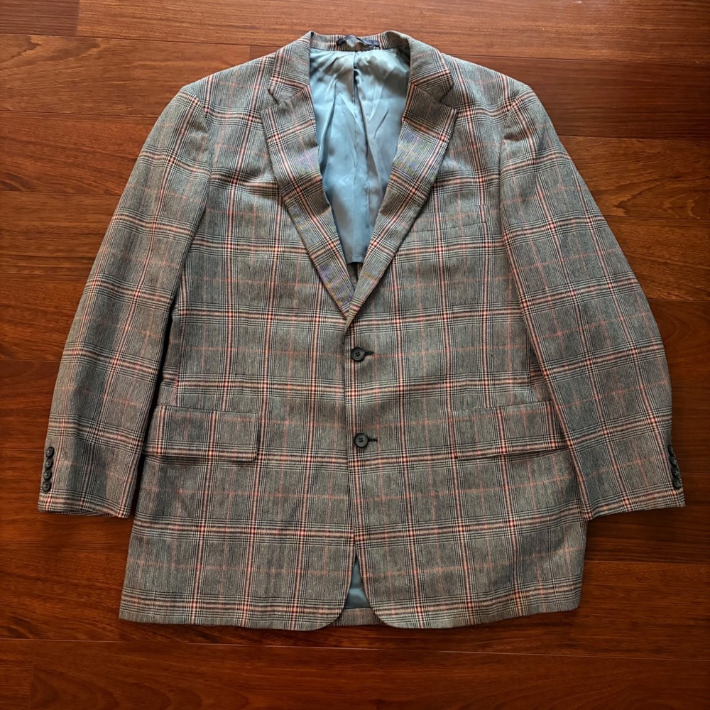 Saks Fifth Avenue Union Made Vintage Plaid Blazer Sport Coat Grey Red Glen Check - Picture 1 of 8